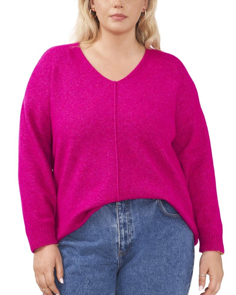 Front of a model wearing a size 1X Freya Cozy Sweater in EUPHORIA by Vince Camuto. | dia_product_style_image_id:261522